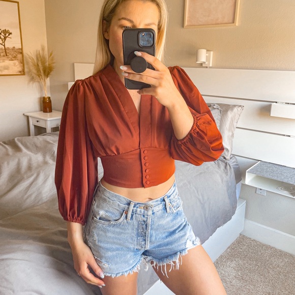 Women's Long Sleeve Red Lantern Crop Top - Picture 4 of 11